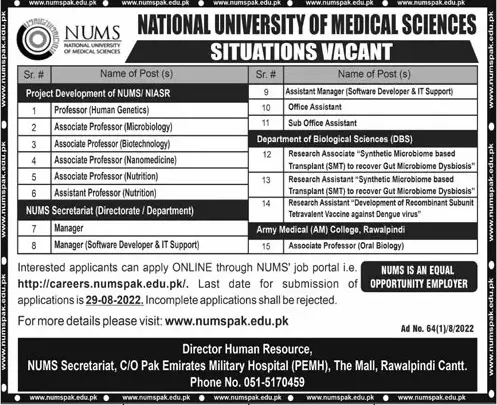 Jobs in National University of Medical Sciences Nums – National University of Medical Science NUMS Jobs 2022 — original advertisement