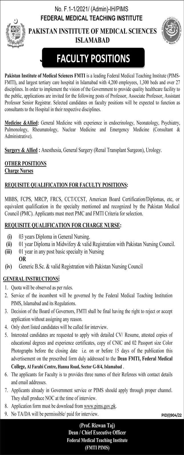 Jobs in Pakistan Institute of Medical Sciences Islamabad – Pakistan Institute of Medical Sciences PIMS Islamabad Jobs 2022 — original advertisement