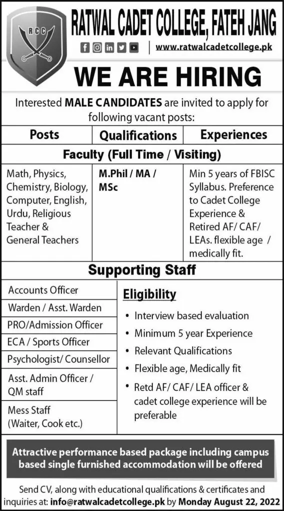 Jobs in Ratwal Cadet College Fateh Jang Admissions 2022 — original advertisement