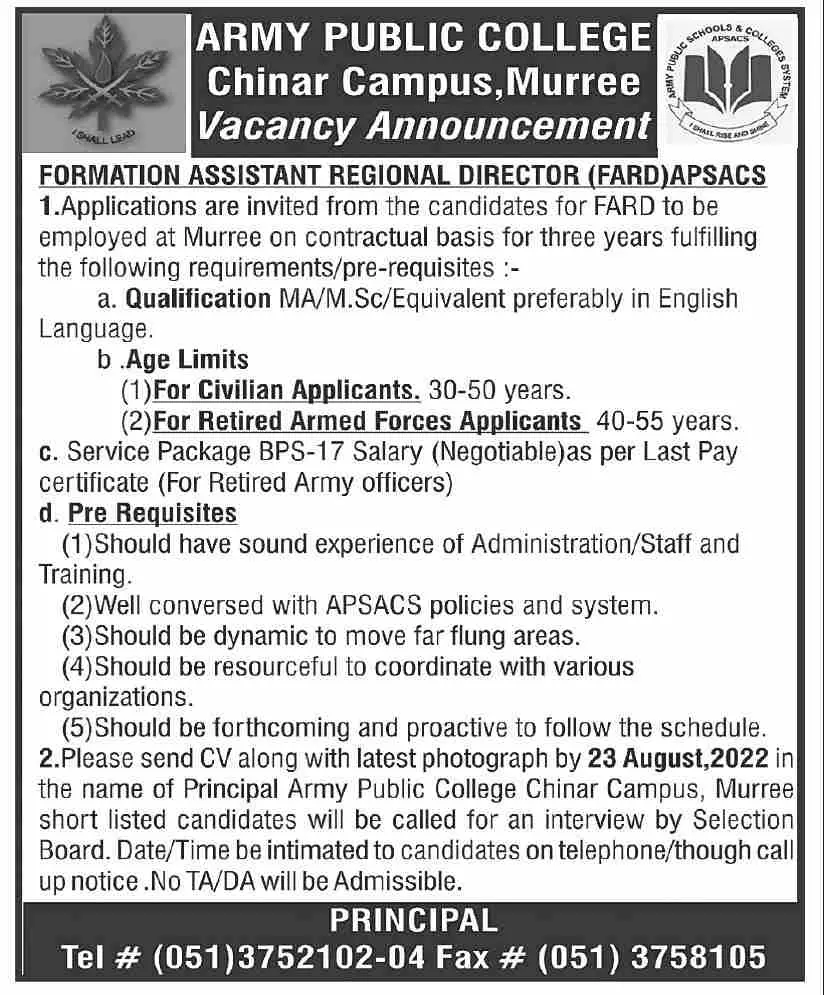 Jobs in Army Public College Chinar Campus Murree – Army Public School & College Paksitan Jobs 2022 — original advertisement