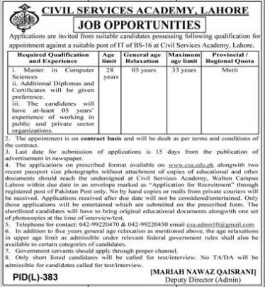Jobs in Civil Services Academy Lahore Jobs 2022 — original advertisement