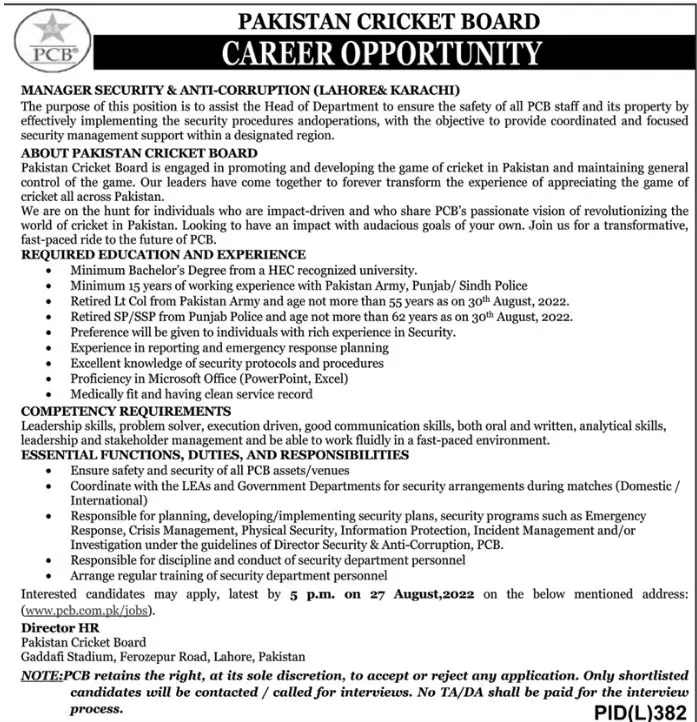 Jobs in Pakistan Cricket Board PCB Lahore – Pakistan Cricket Board (PCB) Jobs 2022 — original advertisement