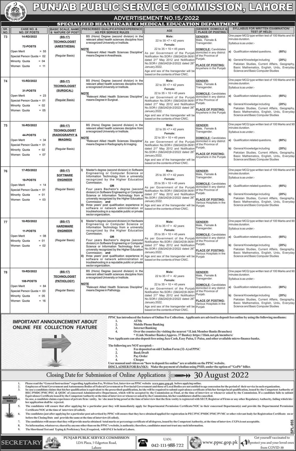 Jobs in Punjab Public Service Commission 15/2022 – Punjab Public Service Commission Lahore Jobs 2022 — original advertisement