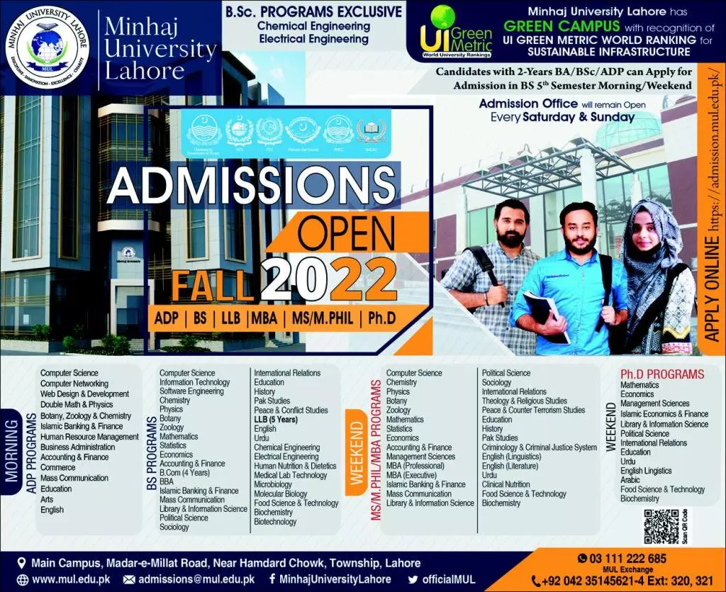 Admission in Minhaj University Lahore Admissions 2022 — original advertisement
