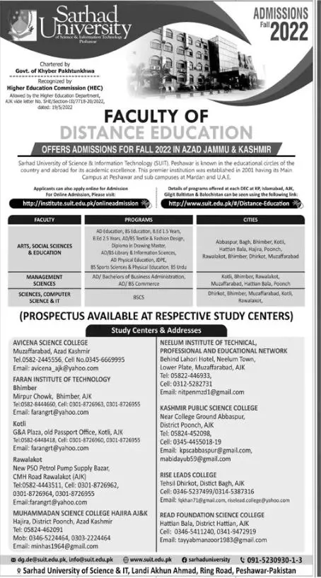 Admission in Sarhad University of Science & Information – Sarhad University of Science and Information Technology Peshawar Admissions 2022 — original advertisement