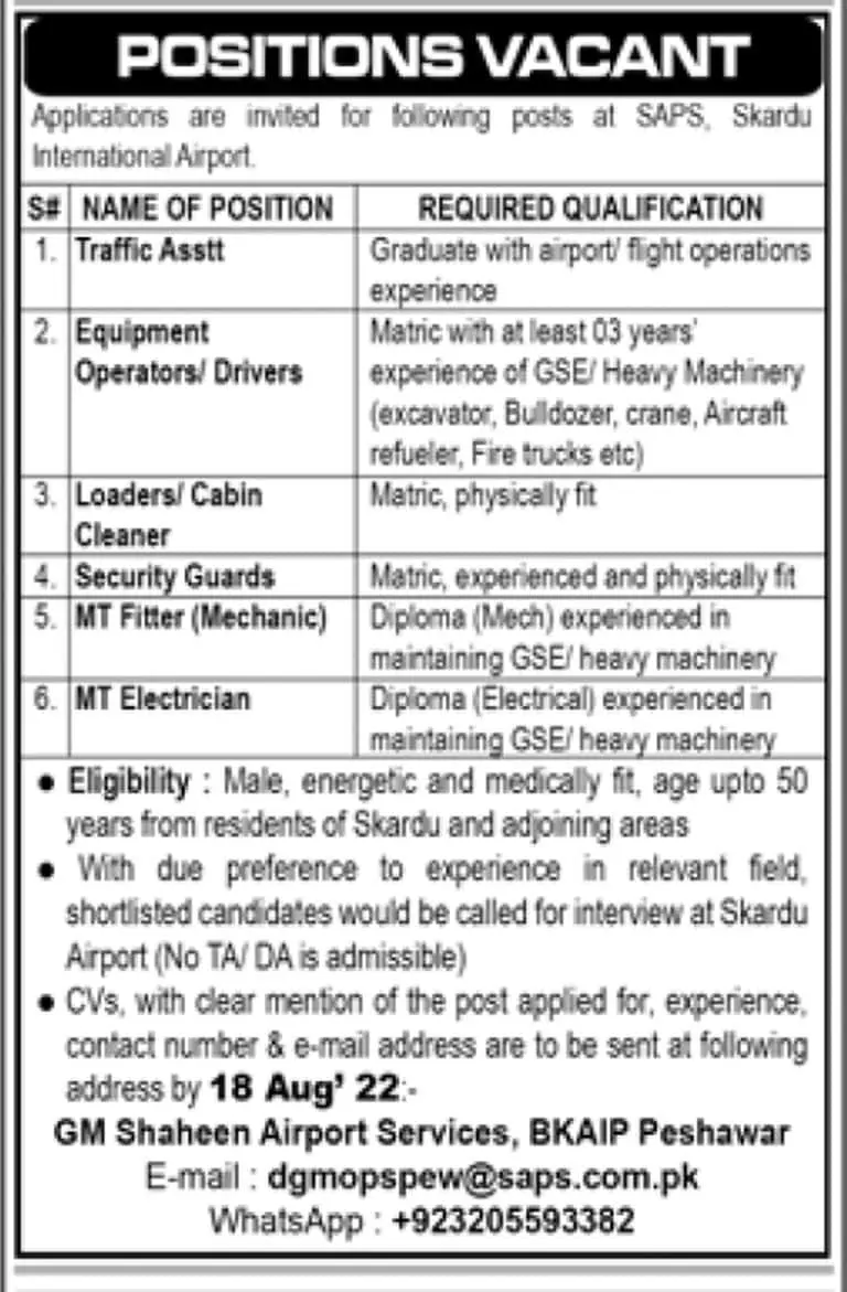 Jobs in Skardu International Airport Jobs 2022 — original advertisement