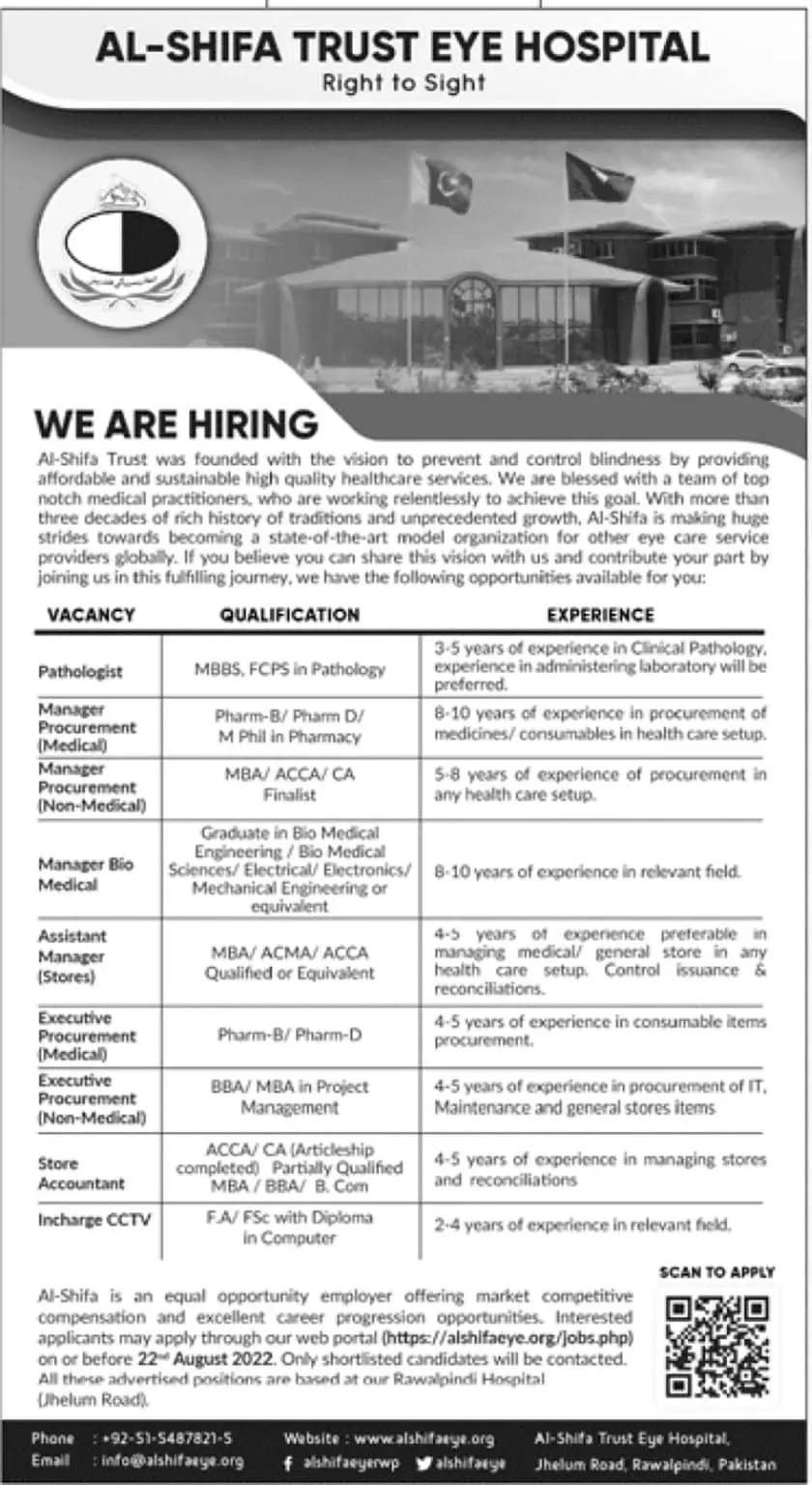 Jobs in Al Shifa Trust Eye Hospital Rawalpindi – Al-Shifa Trust Eye Hospital Rawalpindi Pakistan Jobs 2022 — original advertisement