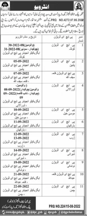 Interview in Public Health Engineering Department Quetta – Public Health Engineering Department Balochistan Jobs 2022 — original advertisement