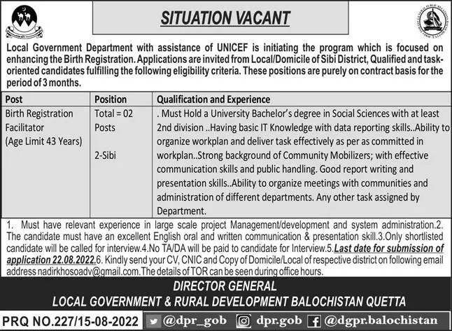 Jobs in Local Government Department Sibi 2022 – Local Government and Rural Development Department Balochistan Jobs 2022 — original advertisement