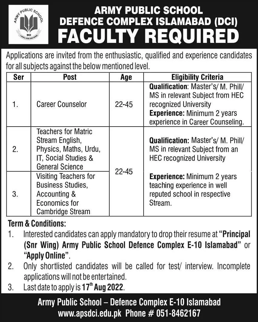 Jobs in Army Public School APS Defence Complex Islamabad – Army Public School & College Paksitan Jobs 2022 — original advertisement