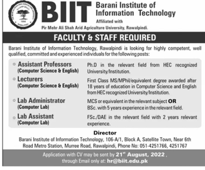 Barani Institute of Information Technology Rawalpindi Jobs – Pir Mehr Ali Shah Arid Agriculture University Rawalpinid Jobs 2022 — original advertisement