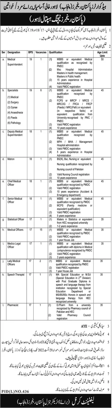 Jobs in Pakistan Rangers Teaching Hospital Lahore – Punjab Rangers Teaching Hospital Jobs 2022 — original advertisement