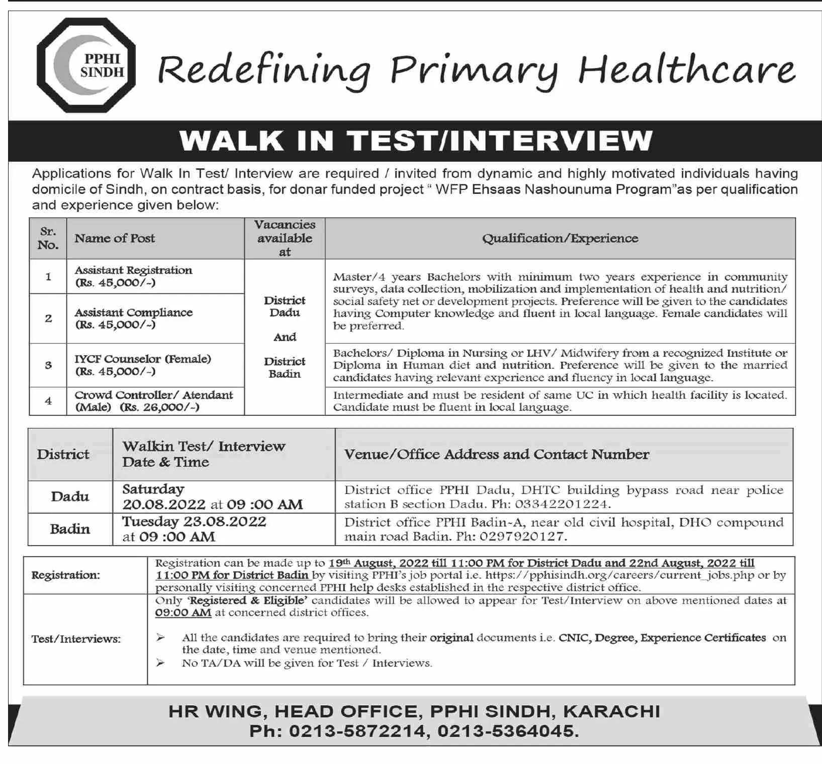 Interview in People's Primary Healthcare Initiative Sindh – People's Primary Healthcare Initiative (PPHI) Sindh Jobs 2022 — original advertisement