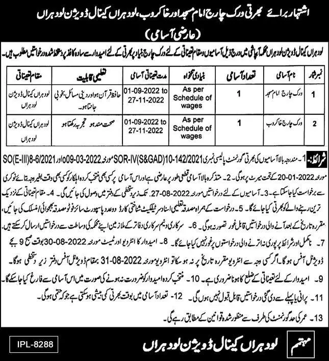 Jobs in Irrigation Department Lodhran Punjab – Irrigation Department Punjab Jobs 2022 — original advertisement