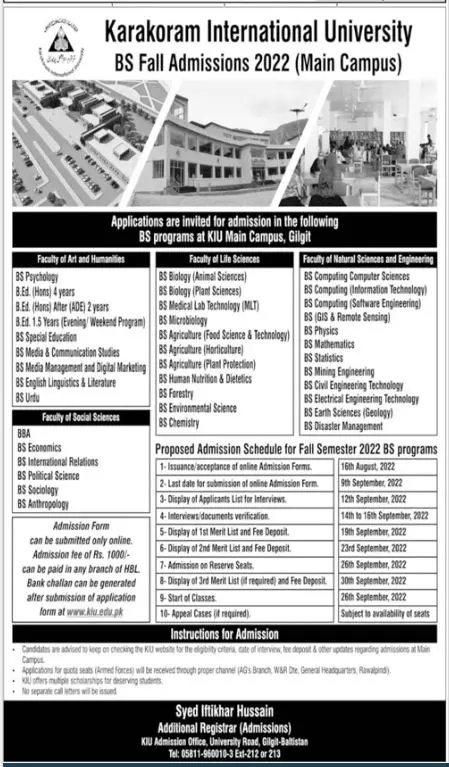 Admission in Karakoram International University Gilgit – Karakoram International University Gilgit Baltistan Admissions 2022 — original advertisement
