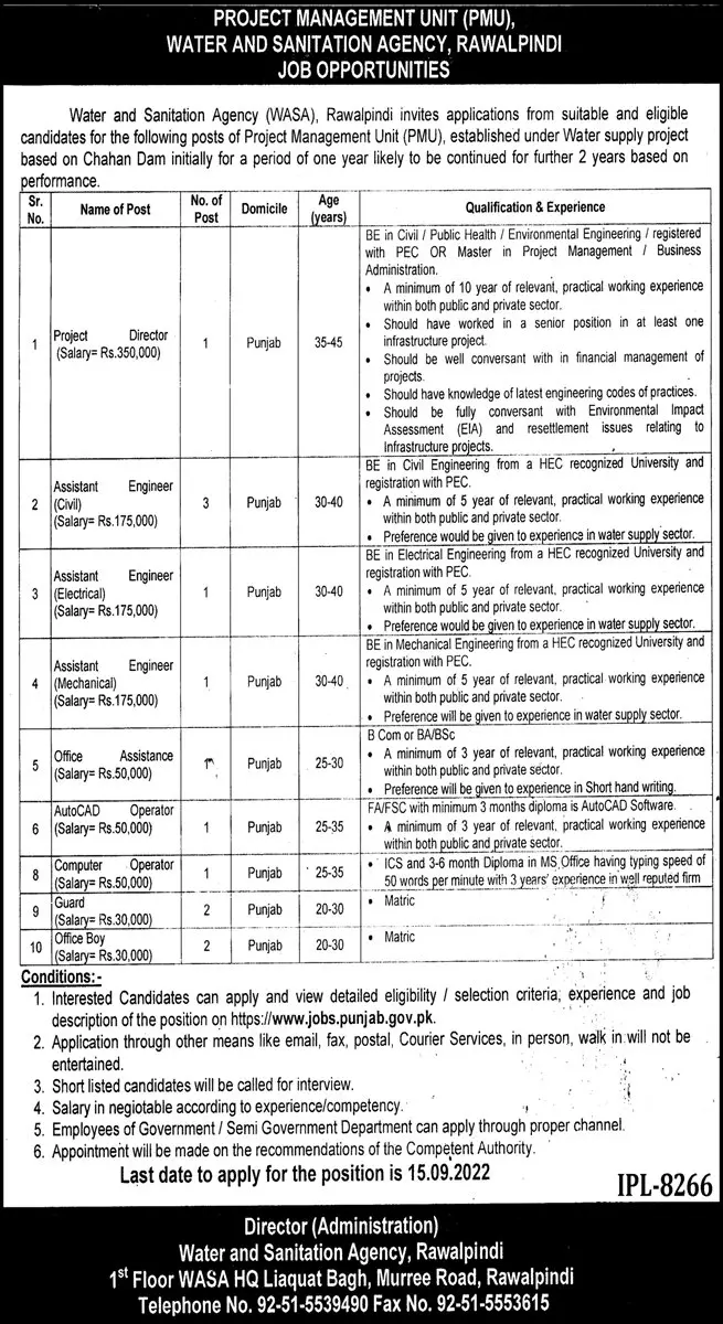 Jobs in Water and Sanitation Agency WASA Rawalpindi – Water and Sanitation Agency (LDA) Lahore Jobs 2022 — original advertisement