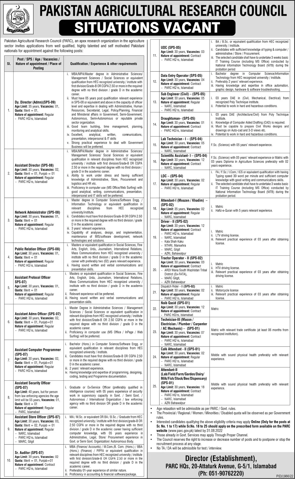 Jobs in Pakistan Agricultural Research Council PARC – Pakistan Agricultural Research Council Islamabad Jobs 2022 — original advertisement