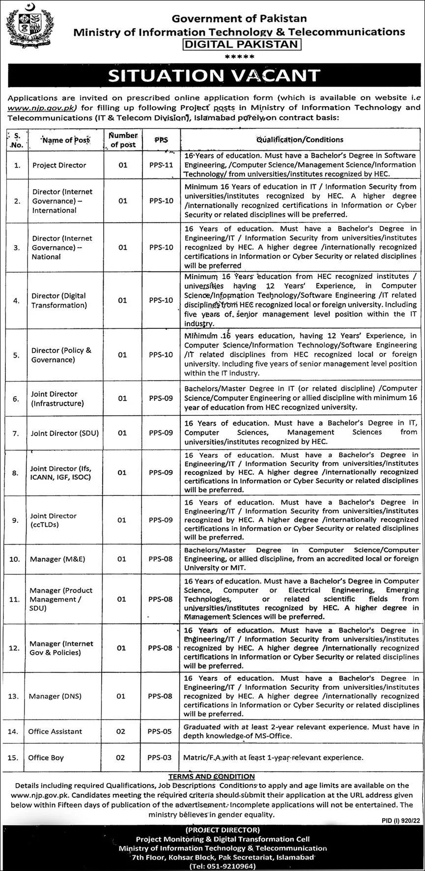 Ministry of Information Technology & Telecommunication Jobs – Ministry of Information Technology and Telecommunication Jobs 2022 — original advertisement