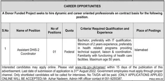 Jobs in Donor Funded Project program Islamabad – Provincial TB Control Program Jobs 2022 — original advertisement