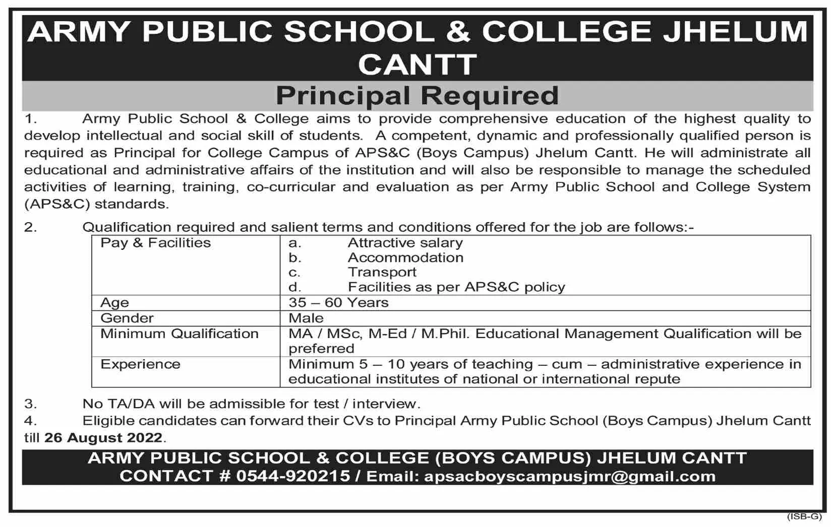 Jobs in Army Public School and College Jhelum – Army Public School & College Paksitan Jobs 2022 — original advertisement