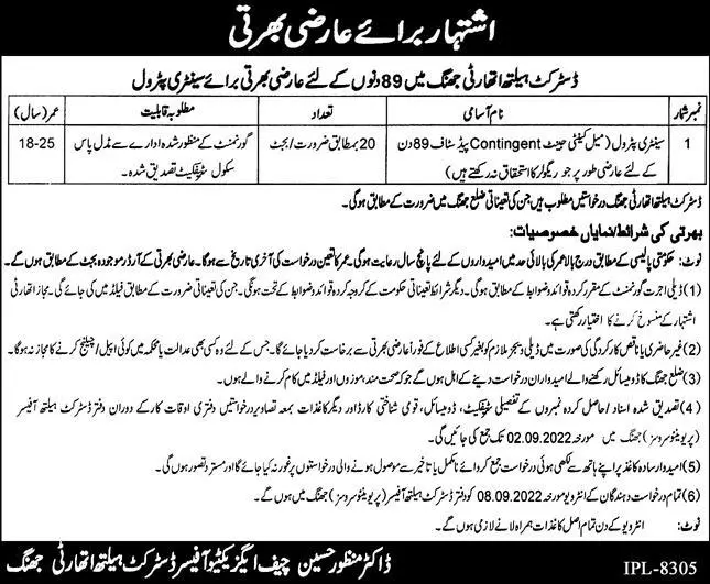 Jobs in District Health Authority Jhang Punjab – Health Department Punjab Jobs 2022 — original advertisement