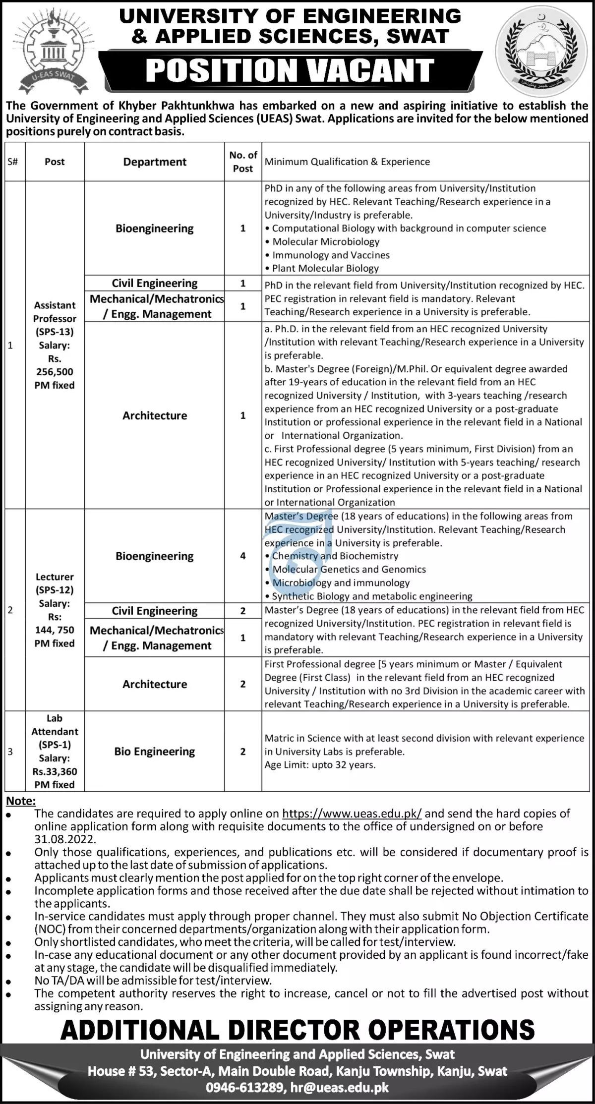 Jobs in University of Engineering and Applied Sciences UEAS – University Of Engineering & Applied Sciences Swat Jobs 2022 — original advertisement