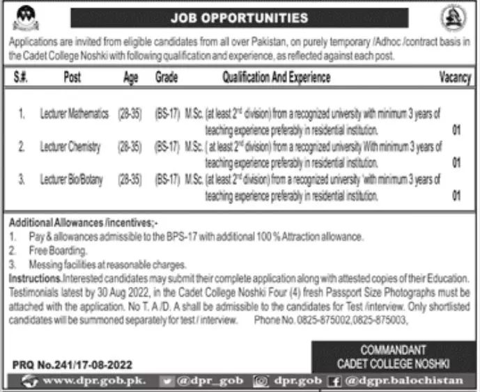Jobs in Cadet College Noshki Balochistan 2022 – Cadet College Noshki Balochsitan Jobs 2022 — original advertisement