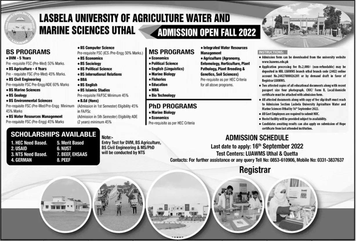 Admission in Lasbela University LUAWMS 2022 – Lasbela University of Agriculture, Water & Marine Sciences (LUAWMS) Uthal Admissions 2022 — original advertisement