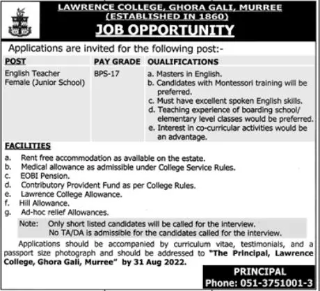 Jobs in Lawrence College Ghora Gali Murree Jobs 2022 — original advertisement