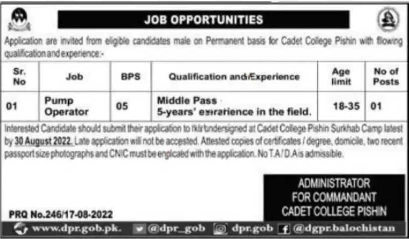 Jobs in Cadet College Pishin 2022 Jobs 2022 — original advertisement