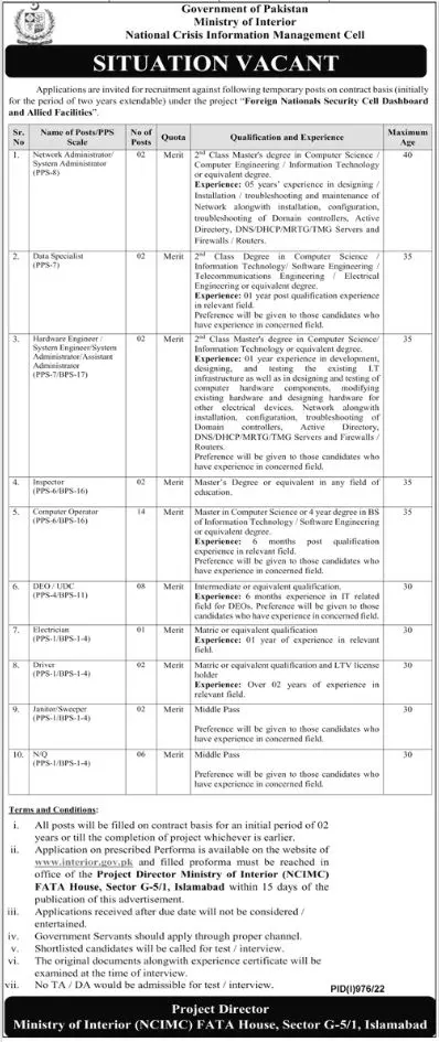 Jobs in Ministry of Interior National Crisis Information – Ministry of Interior Islamabad Jobs 2022 — original advertisement