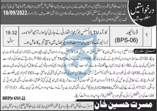 Jobs in Elementary & Secondary Education Dera Ismail Khan – Elementary & Secondary Education Department KPK Jobs 2022 — original advertisement