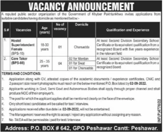 Jobs in Public Sector organization Peshawar Jobs 2022 — original advertisement