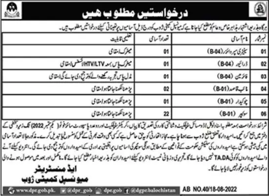 Jobs in Muncipal Commette Zhob Balochistan Jobs 2022 — original advertisement