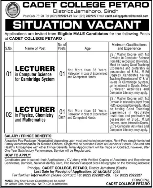 Jobs in Cadet College Petaro Jamshoro Jobs 2022 — original advertisement