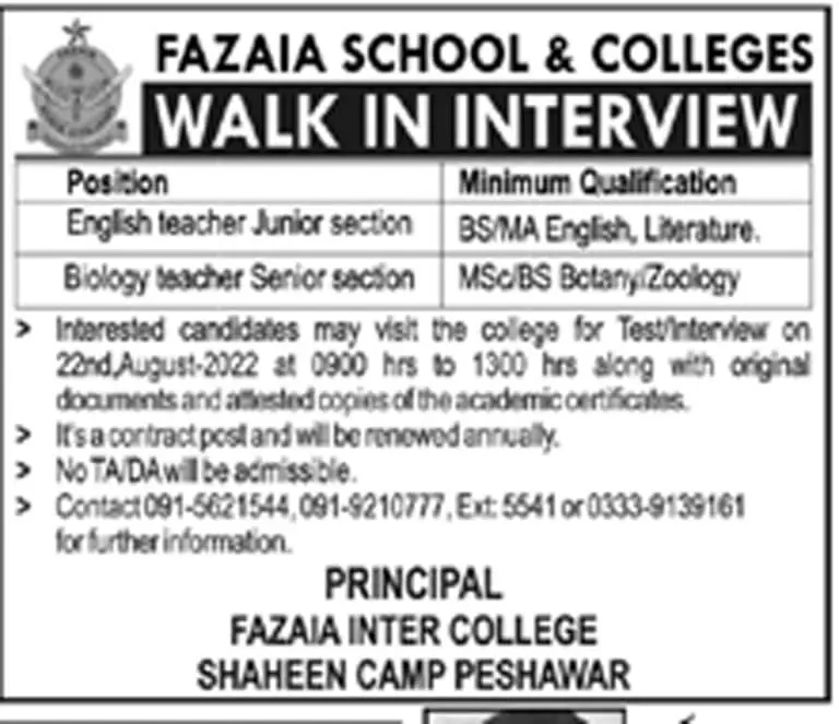 Jobs in Fazaia Inter College Shaheen Campus Peshawar – Fazaia Schools & Colleges Jobs 2022 — original advertisement