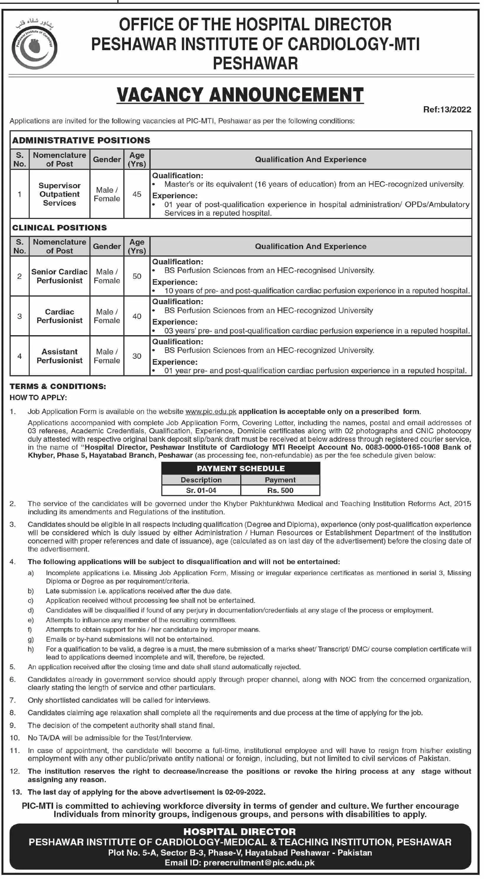 Jobs in Peshawar institute of Cardiology MTI Peshawar Jobs 2022 — original advertisement