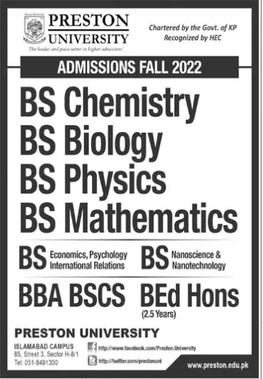 Admission in Preston University Islamabad Campus Admissions 2022 — original advertisement