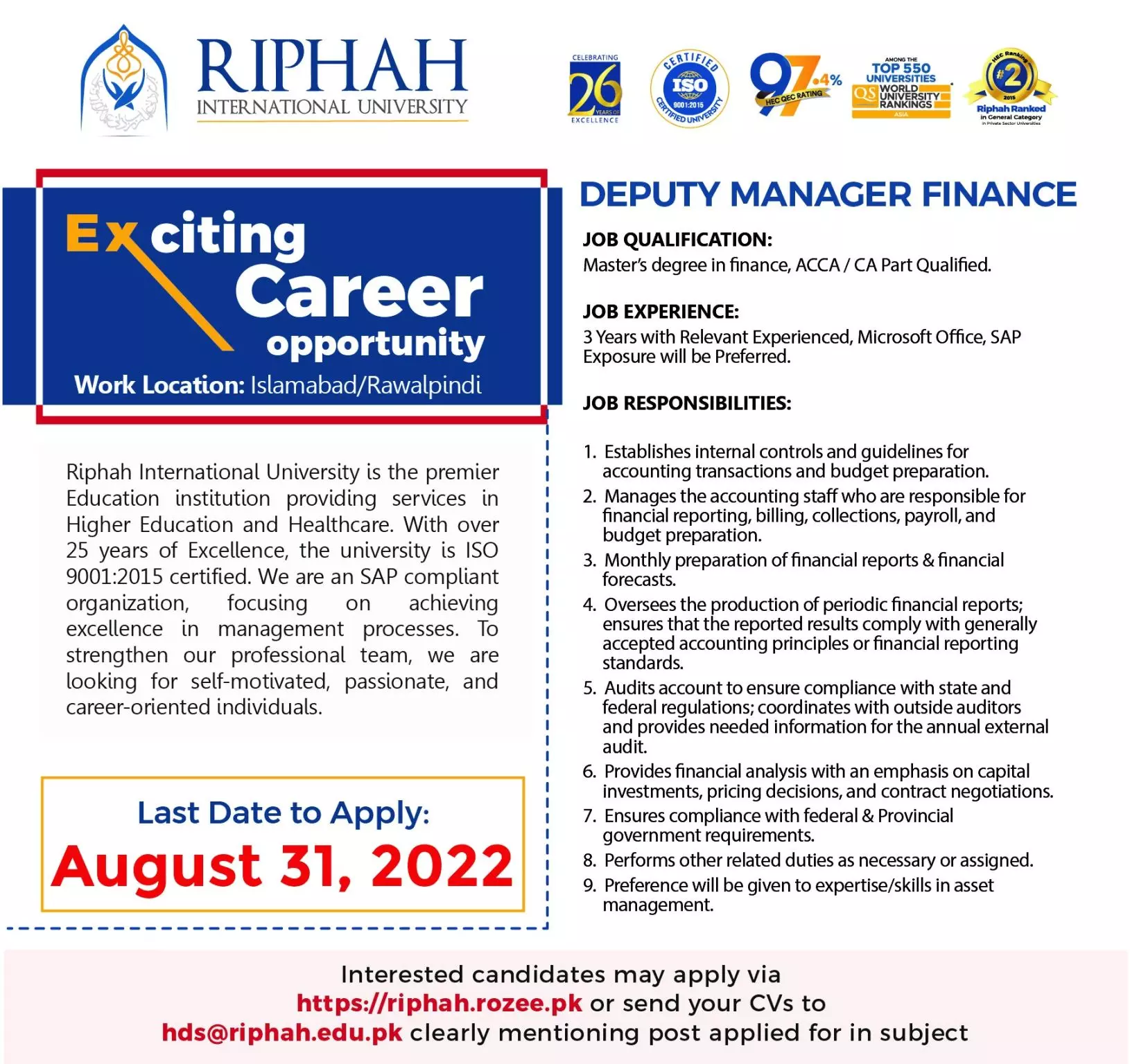Jobs in Riphah International University Islamabad Jobs 2022 — original advertisement