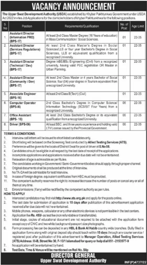 Jobs in Upper Swat Development Authority USDA Jobs 2022 — original advertisement