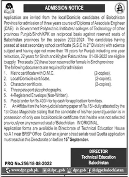 Admission in Balochistan Institute of Technical Education Admissions 2022 — original advertisement