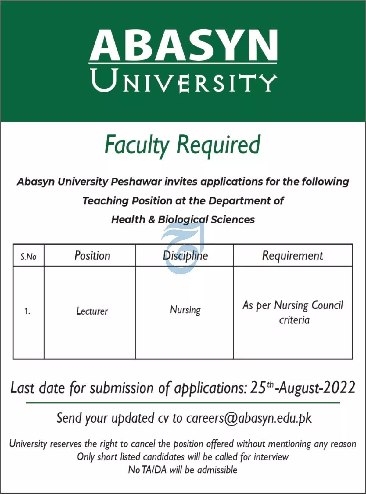 Jobs in Abasyn University Peshawar Jobs 2022 — original advertisement