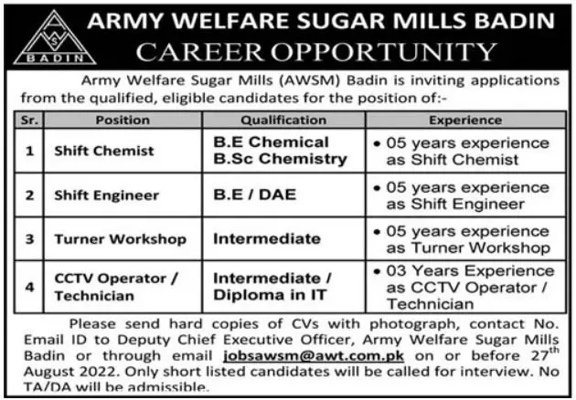 Jobs in Army Welfare Sugar Mills Badin – Private Company Jobs 2022 — original advertisement