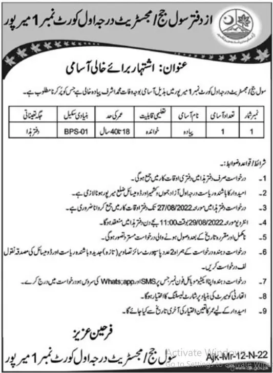 Jobs in Senior Civil Judge Office Mirpur – Govt of Azad Kashmir Jobs 2022 — original advertisement
