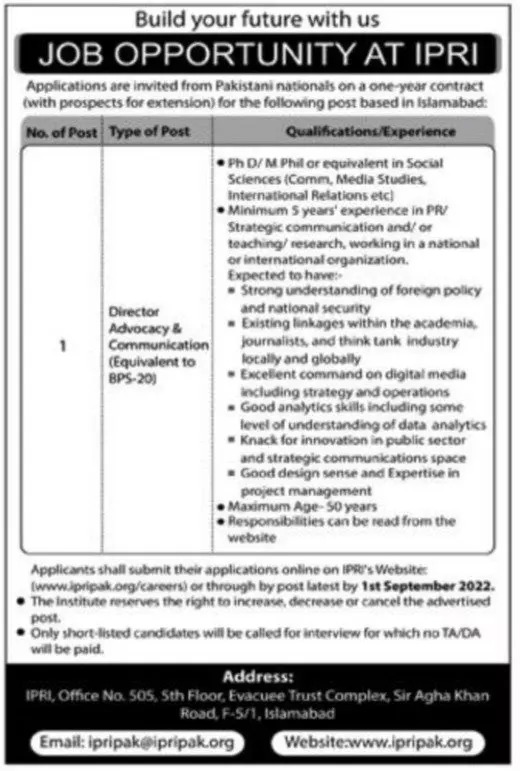 Jobs in Islamabad Policy Research Institute IPRI Jobs 2022 — original advertisement