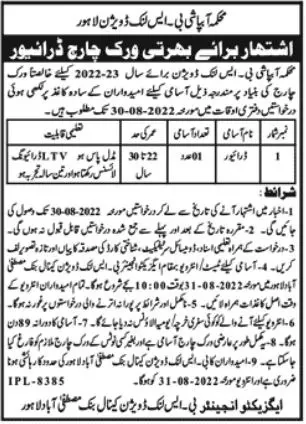 Jobs in Irrigation Department Punjab Lahore Jobs 2022 — original advertisement