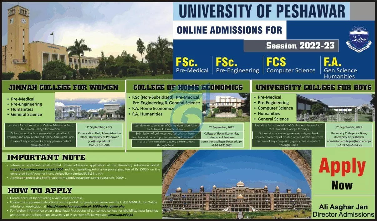 Admission in University of Peshawar Admissions 2022 — original advertisement