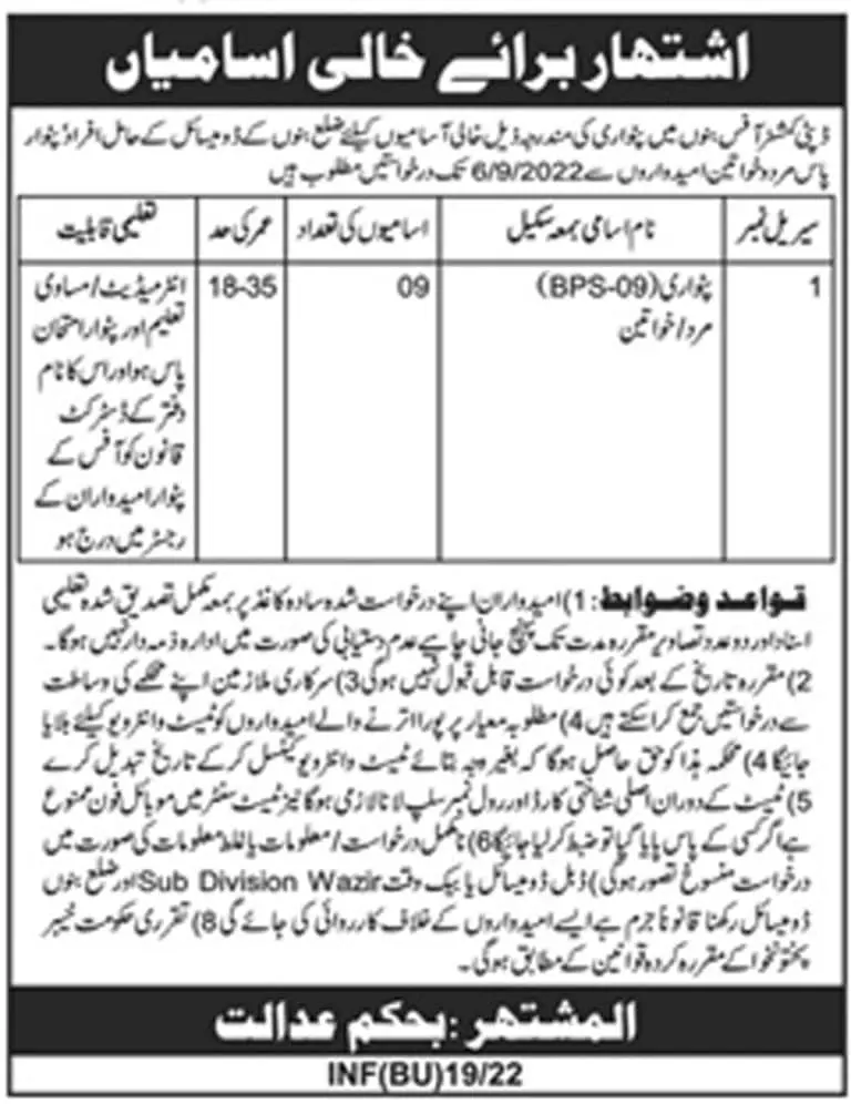 Jobs in Deputy Commissioner Office Bannu – Deputy Commissioner Bannu Jobs 2022 — original advertisement