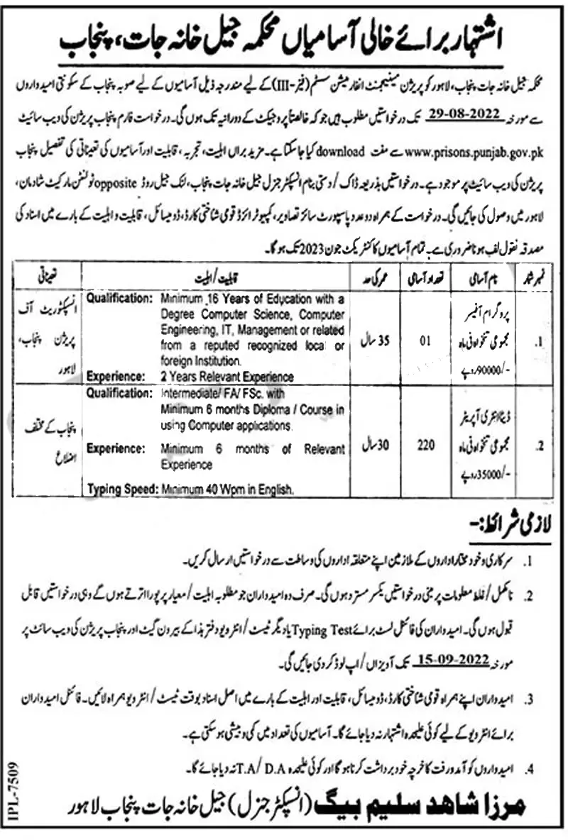 Jobs in Prison Department Punjab – Prisons Department Punjab Jobs 2022 — original advertisement