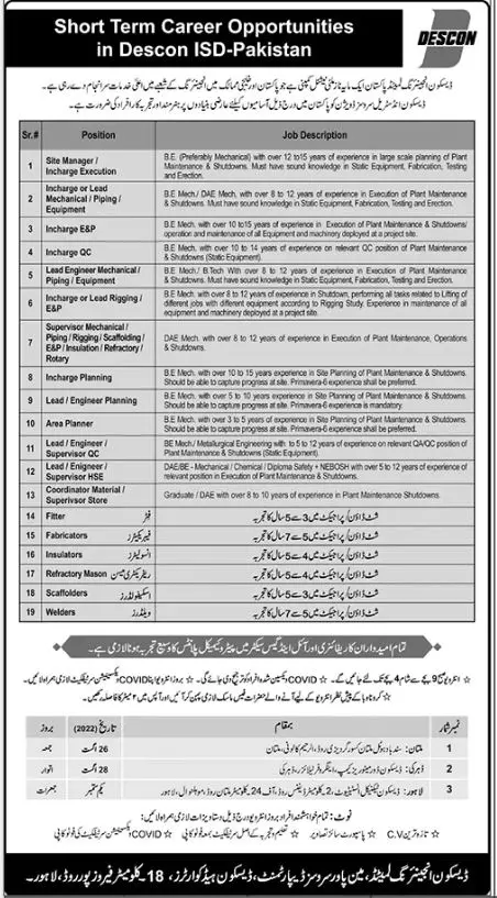 Jobs in Descon Engineering Limited Engineering Lahore 2022 – Private Company Jobs 2022 — original advertisement